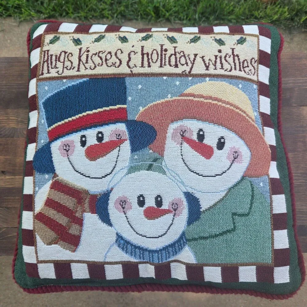 Vintage 18x18 Snowman Tapestry Pillow Hugs Kisses Holiday Wishes Double Sided
